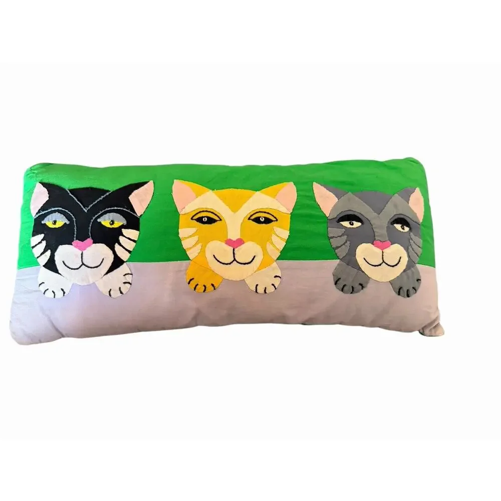 Eclectic Cat Lumbar Throw Pillow Patched Art‎ Green Small Accent 11” Handmade